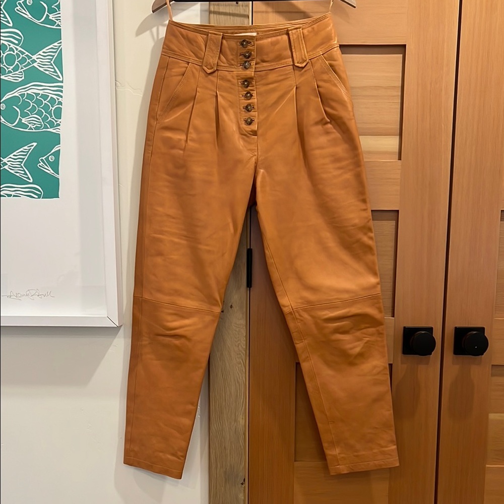 Sezane Brownish Orange High-Waisted Real LeatherTrousers